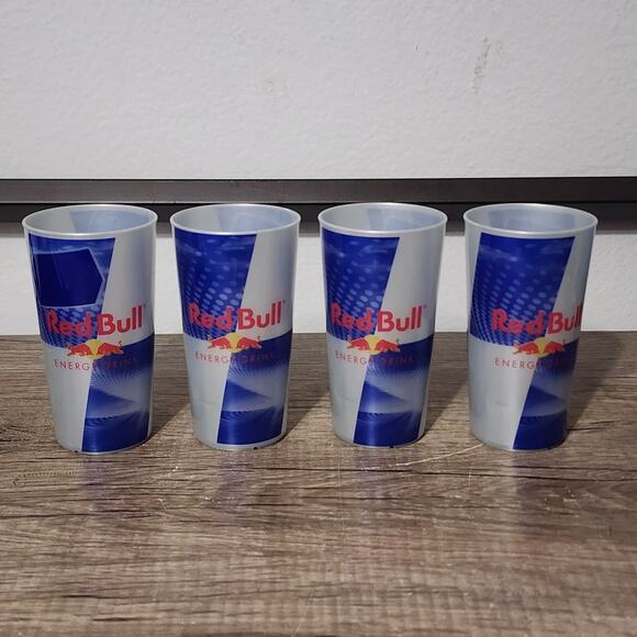 Set of 4 Red Bull Energy Drink Plastic Reusable 12oz Cups Blue/Silver - Picture 1 of 1
